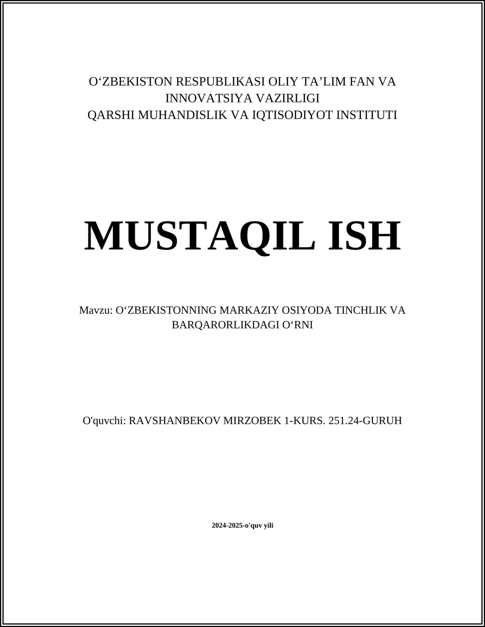 Oʻzbekistonning Markaziy Osiyoda Tinchlik va Barqarorlikdagi Oʻrni