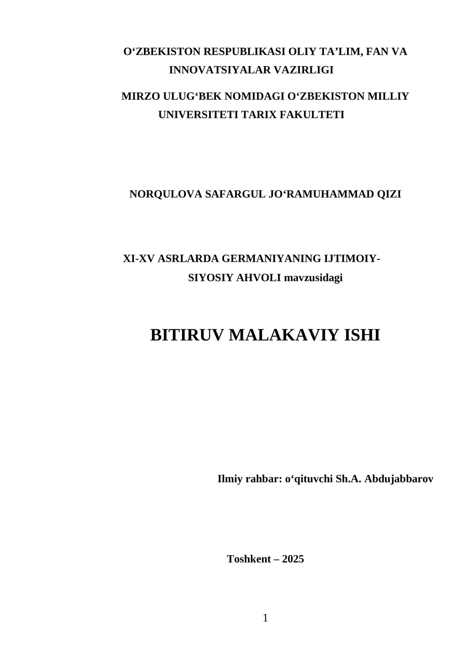 XI-XV ASRLARDA GERMANIYANING IJTIMOIY-SIYOSIY AHVOLI mavzusidagi BITIRUV MALAKAVIY ISHI