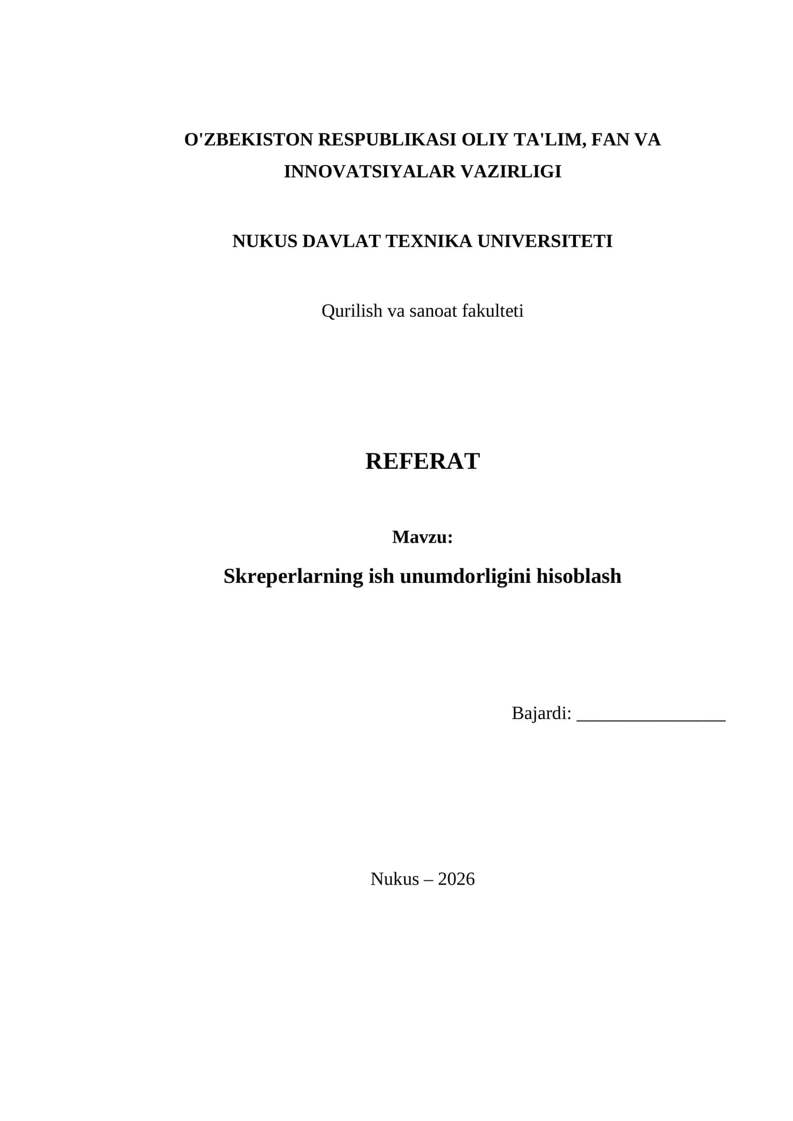 Skreperlarning ish unumdorligini hisoblash