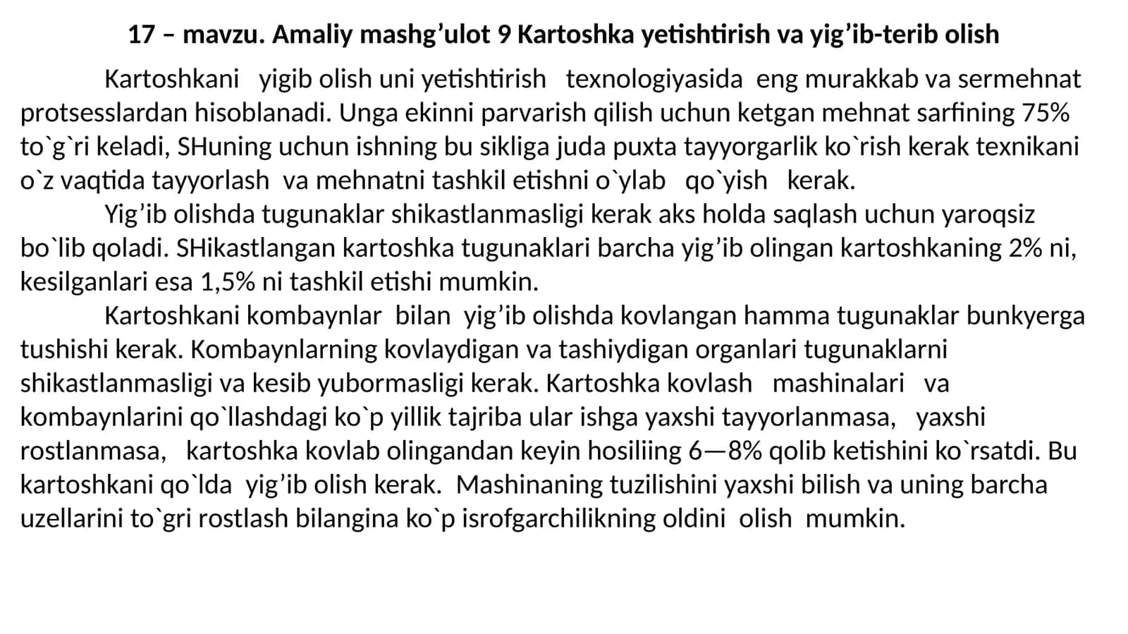 Amaliy mashg’ulot 9 Kartoshka yetishtirish va yig’ib-terib olish