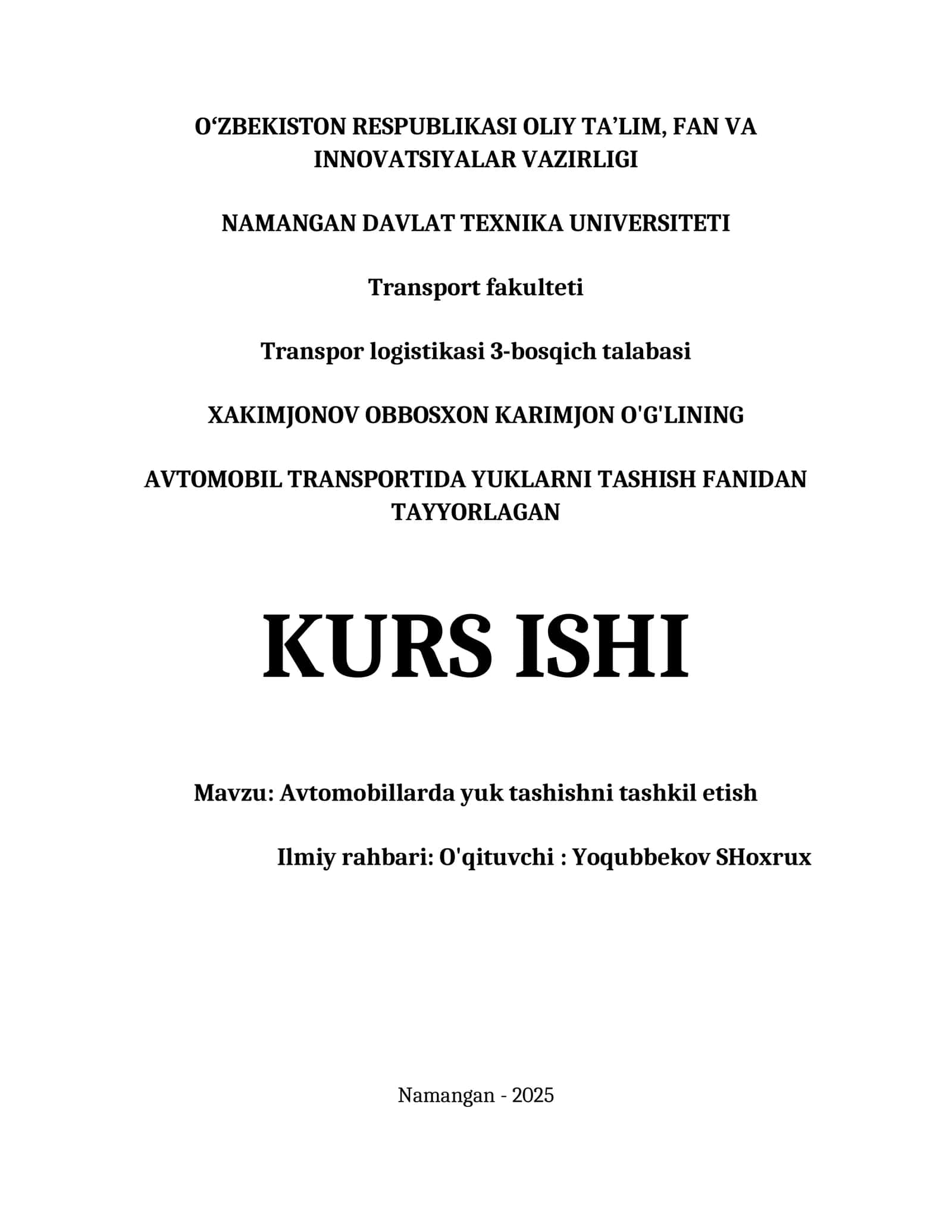 AVTOMOBILLARDA YUK TASHISHNI TASHKIL ETISH KURS ISHI