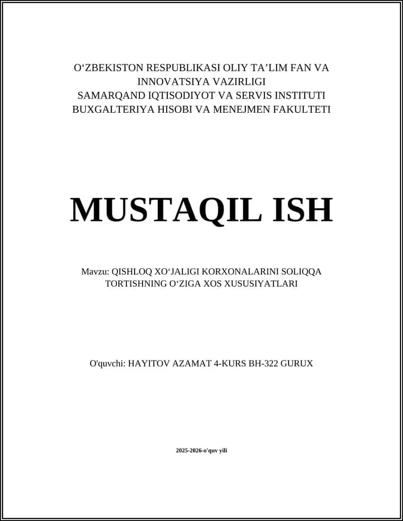 QISHLOQ XO'JALIGI KORXONALARINI SOLIQQA TORTISHNING O'ZIGA XOS XUSUSIYATLARI