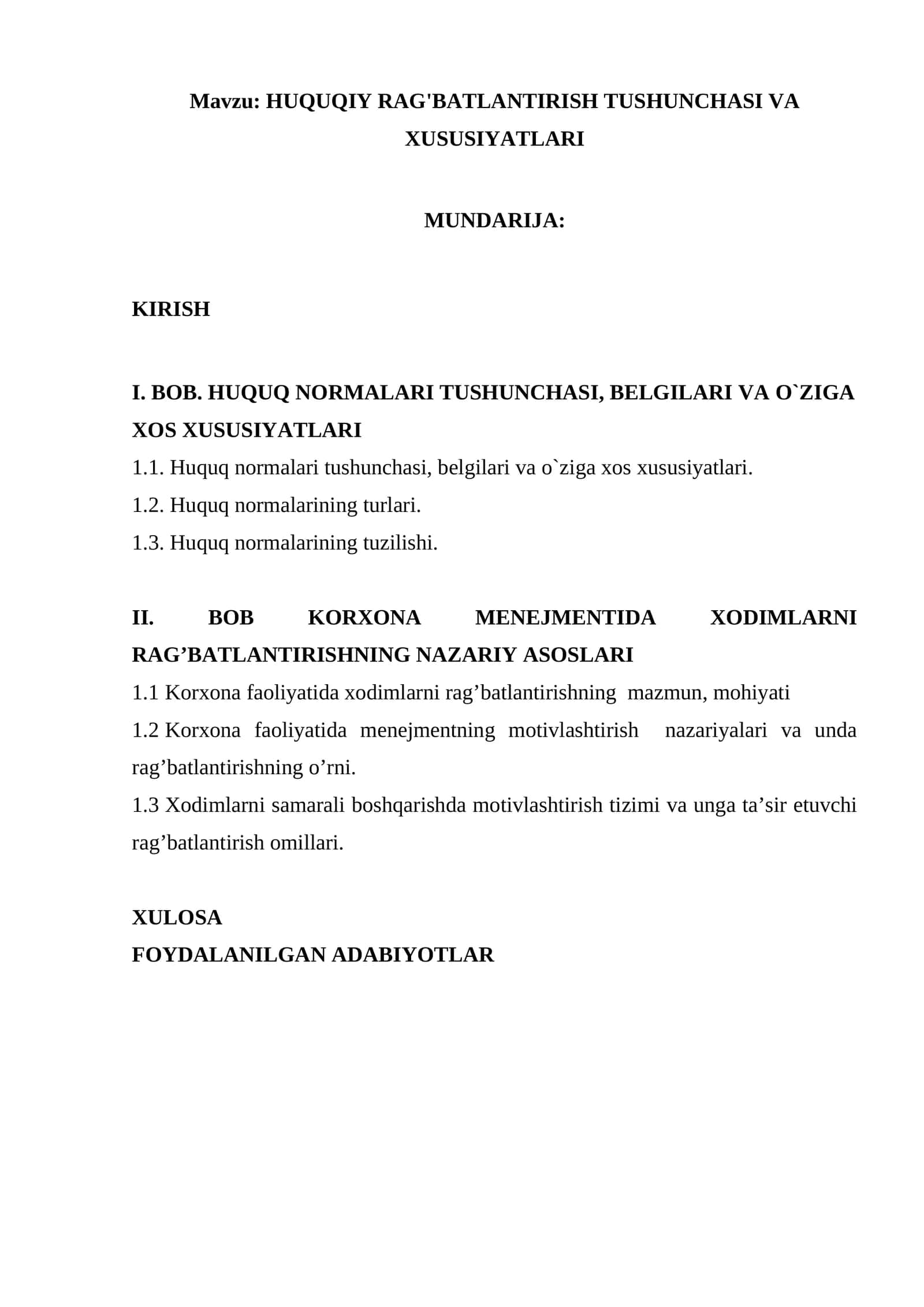 HUQUQIY RAG'BATLANTIRISH TUSHUNCHASI VA XUSUSIYATLARI