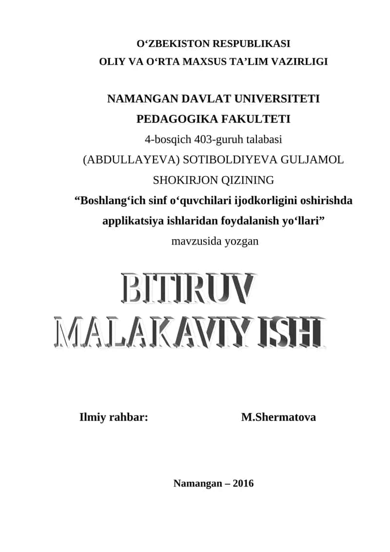 Boshlang‘ich sinf o‘quvchilari ijodkorligini oshirishda applikatsiya ishlaridan foydalanish yo‘llari