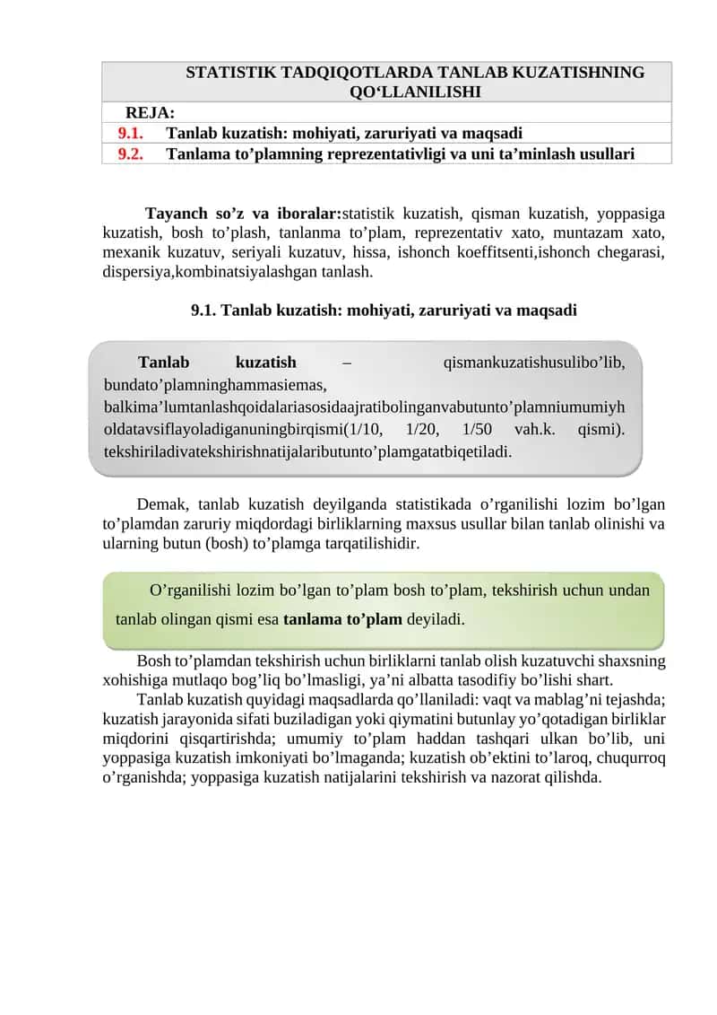 STATISTIK TADQIQOTLARDA TANLAB KUZATISHNING QO‘LLANILISHI