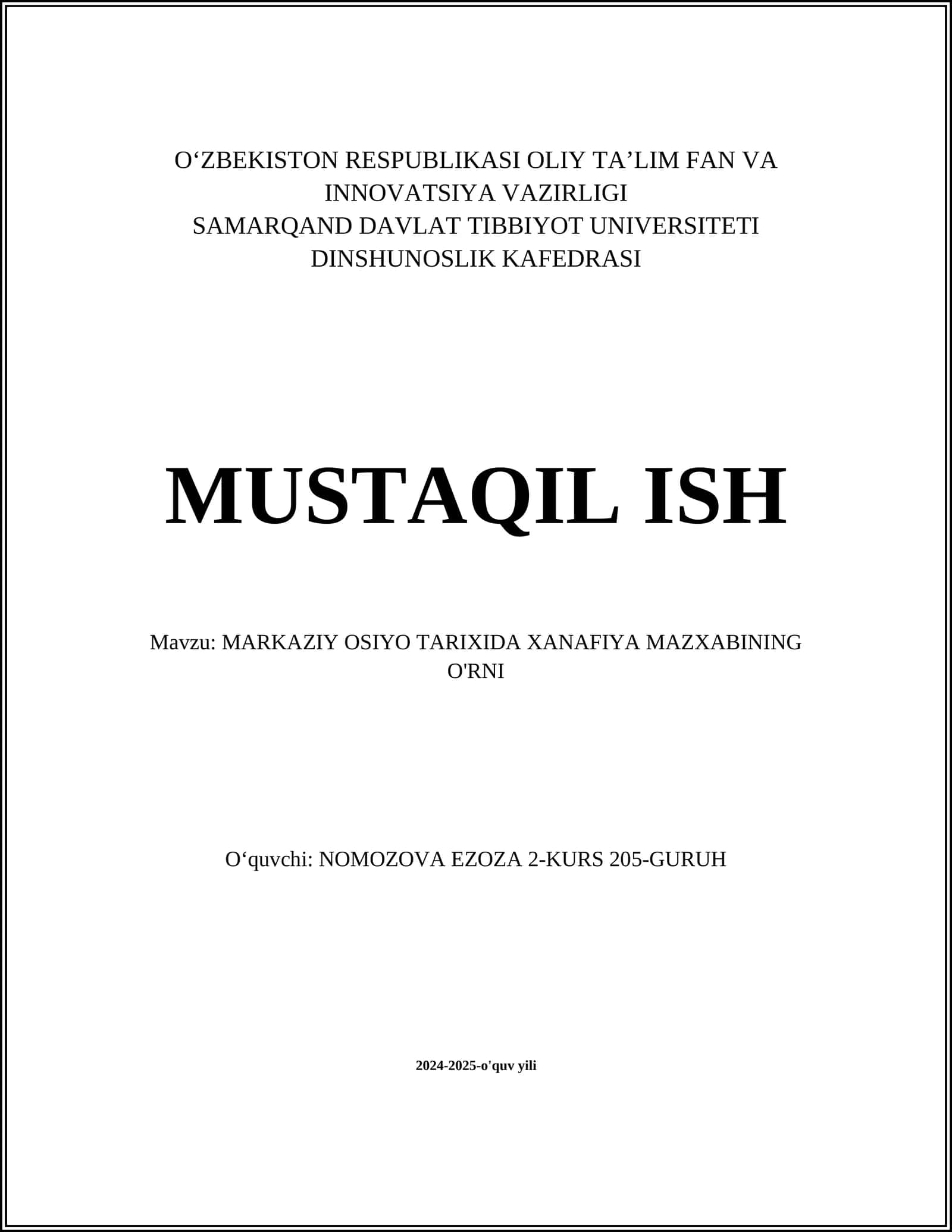 MARKAZIY OSIYO TARIXIDA XANAFIYA MAZXABINING O'RNI