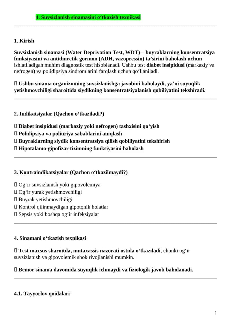 Suvsizlanish sinamasini o‘tkazish texnikasi