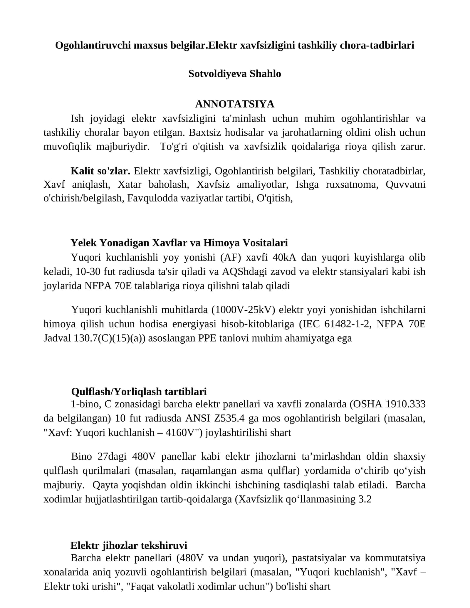 Ogohlantiruvchi maxsus belgilar.Elektr xavfsizligini tashkiliy chora-tadbirlari