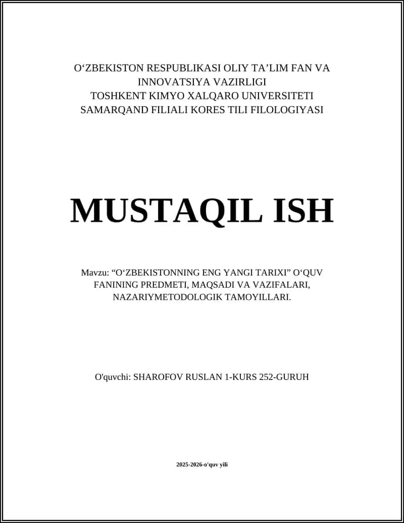 "O‘zbekistonning eng yangi tarixi" fani predmeti