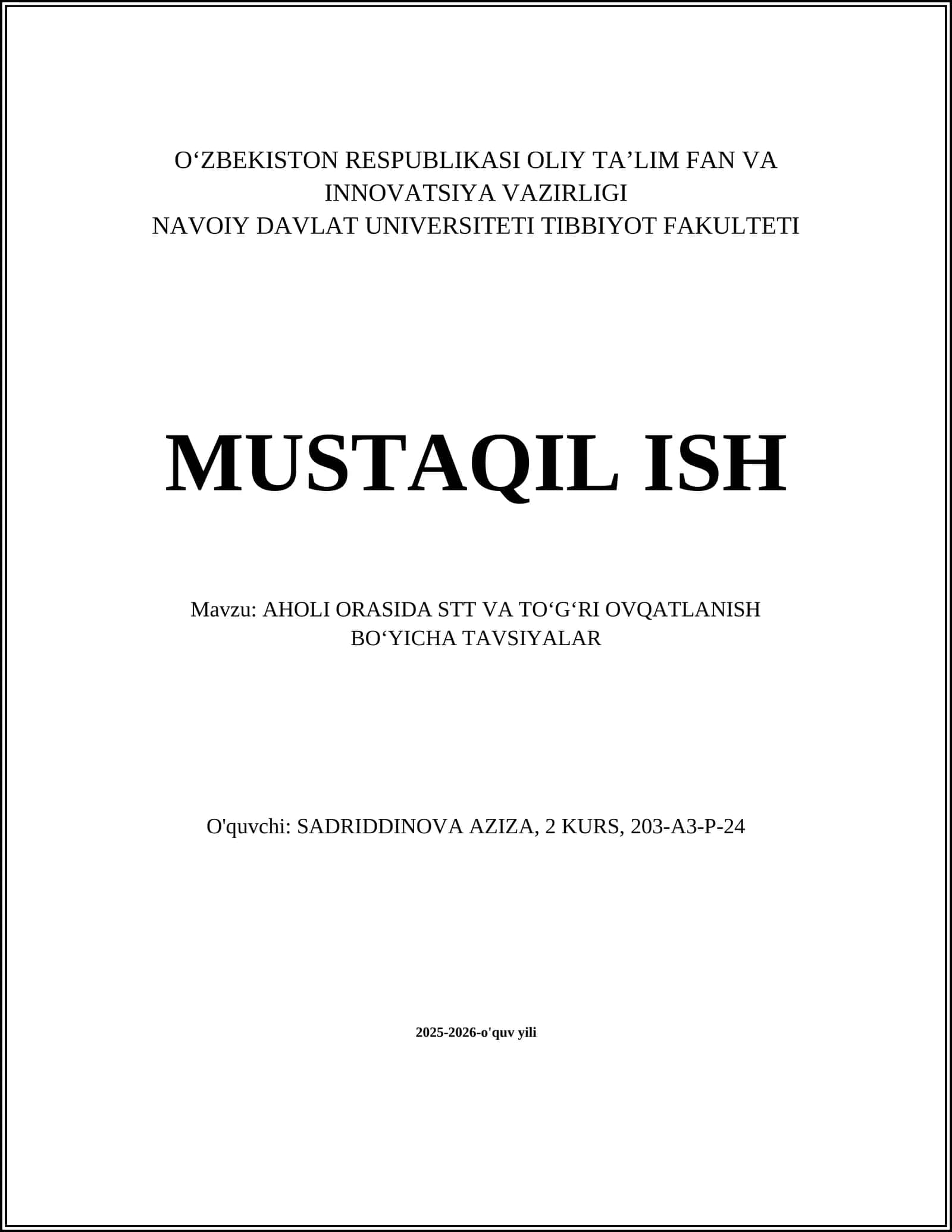 AHOLI ORASIDA STT VA TOʻGʻRI OVQATLANISH BOʻYICHA TAVSIYALAR