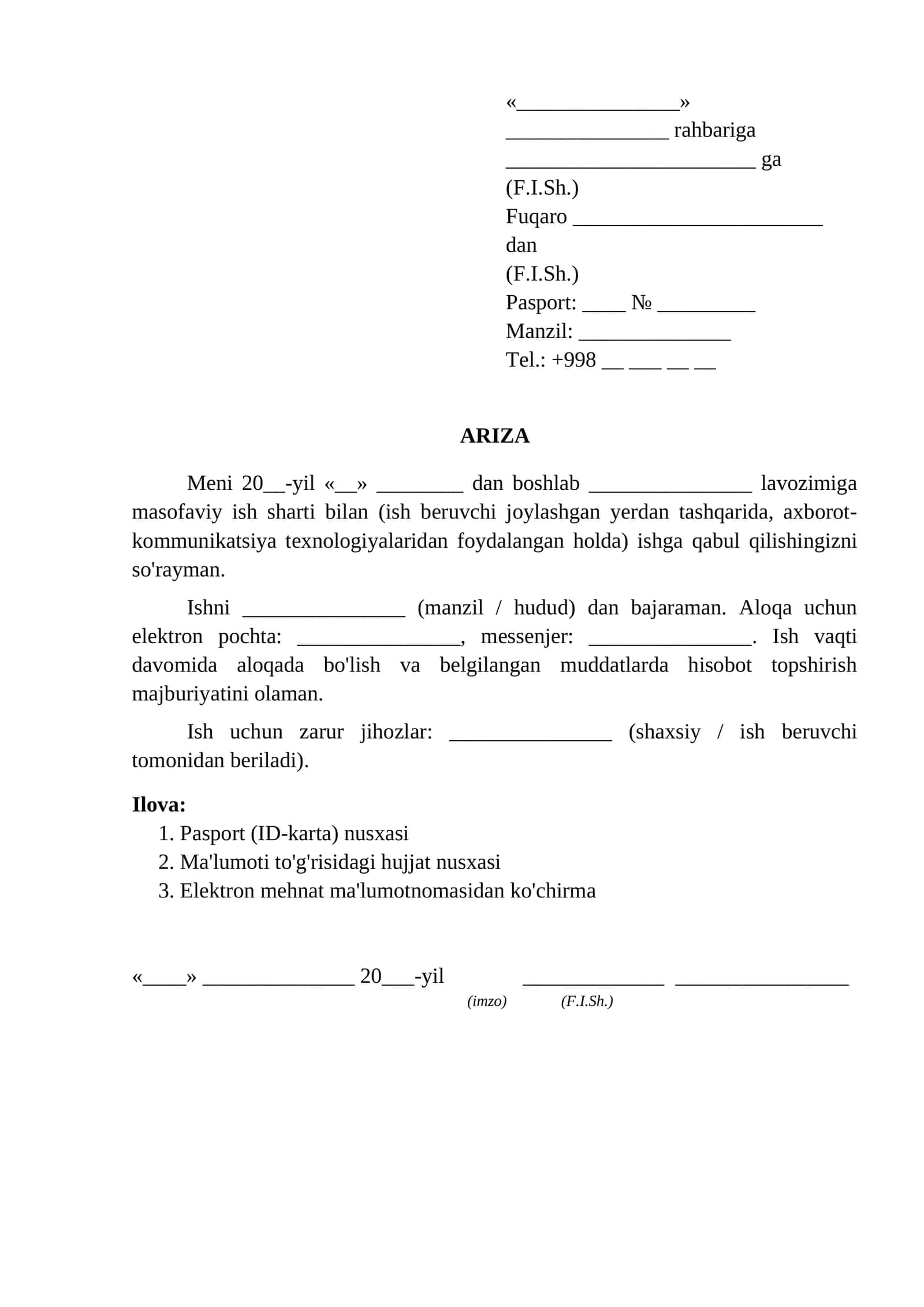 Masofaviy ishga qabul qilish togrisida ariza uydan ishlash ariza namunasi