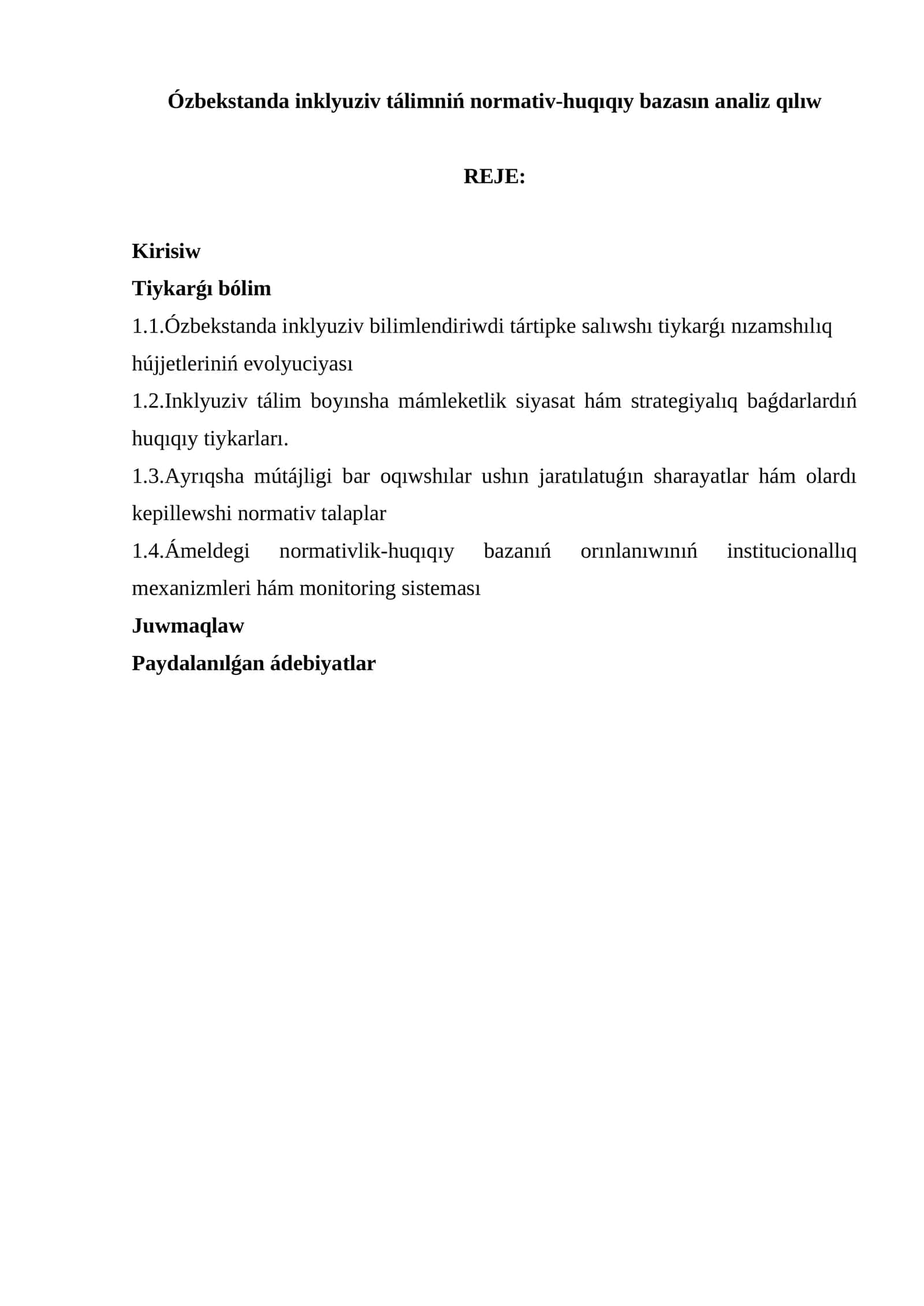 Ózbekstanda inklyuziv tálimniń normativ-huqıqıy bazasın analiz qılıw