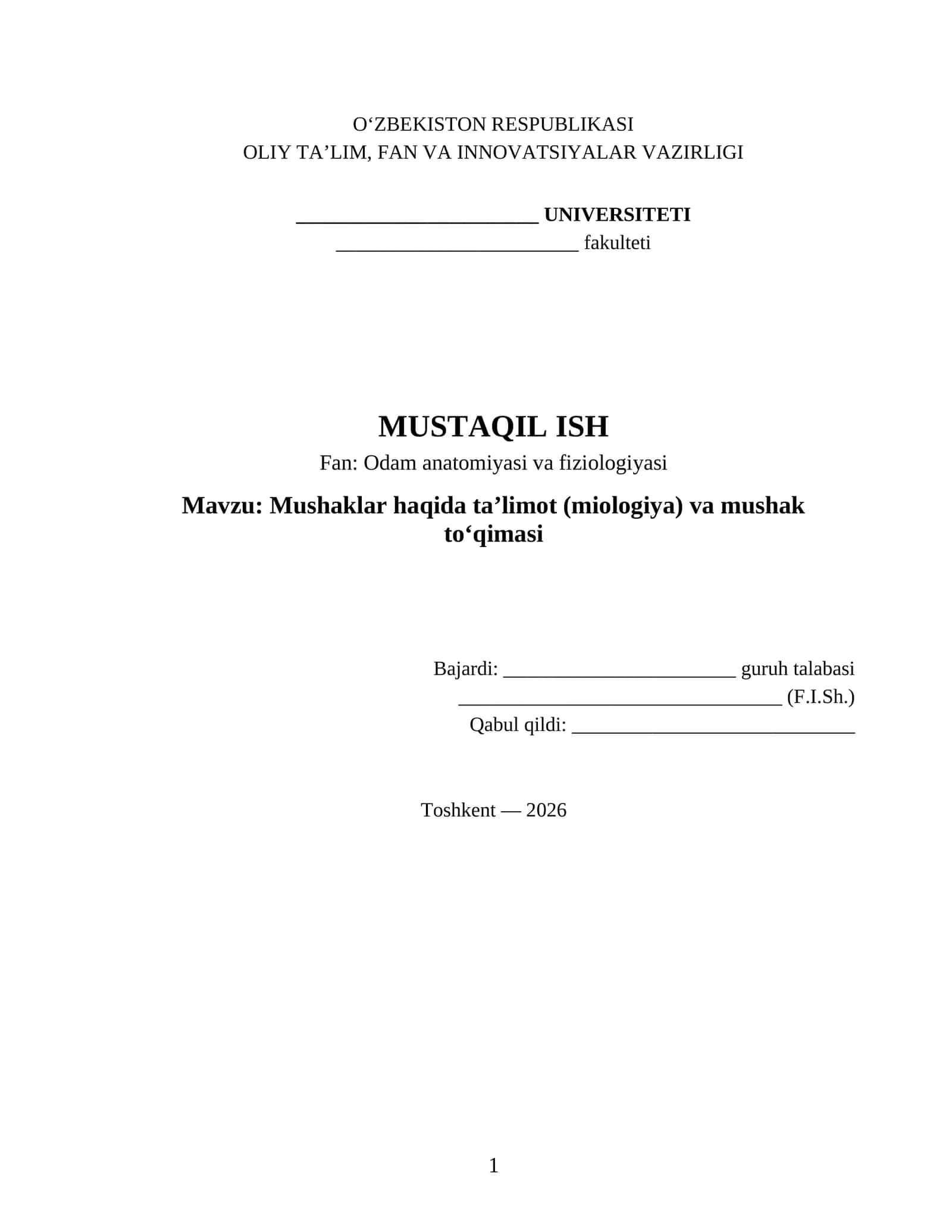 Mushaklar haqida ta’limot (miologiya) va mushak to‘qimasi