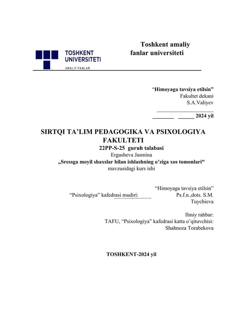 Stressga moyil shaxslar bilan ishlashning o'ziga xos tomonlari.