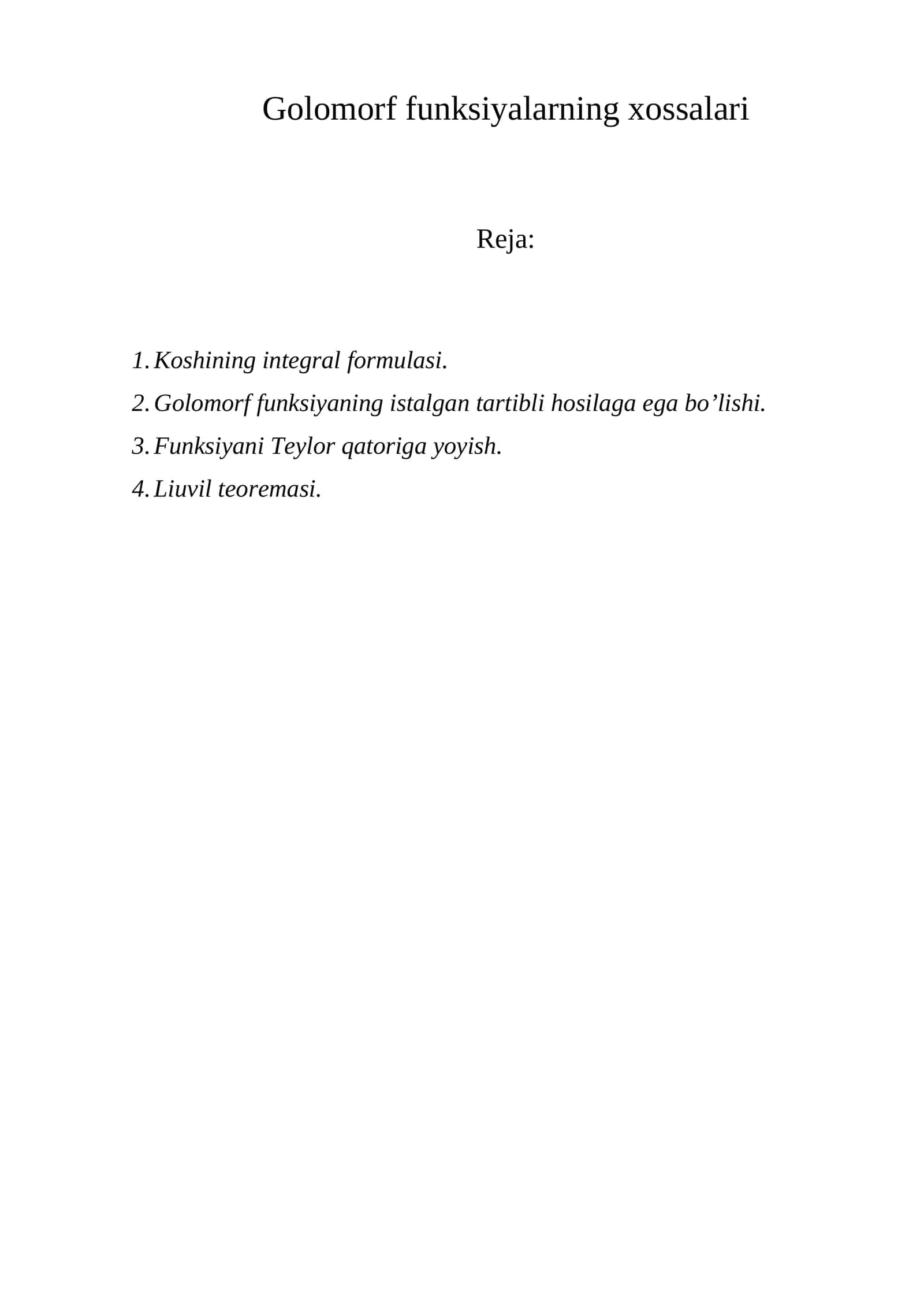 Golomorf funksiyalarning xossalari