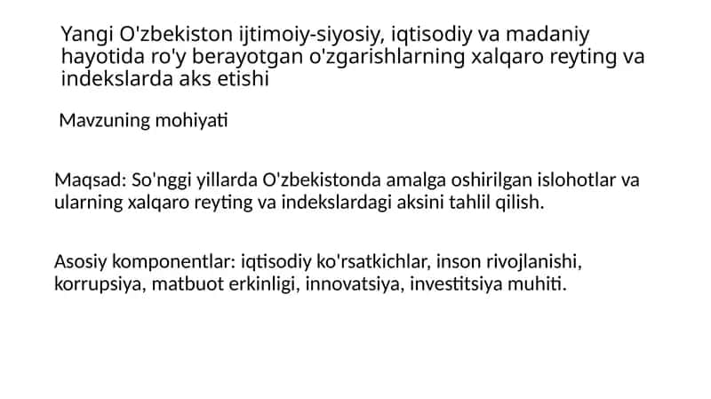 So'nggiyillarda O'zbekistonda amalga oshirilgan islohotlar va ularning xalqaro reyting va indekslarda aks etishi