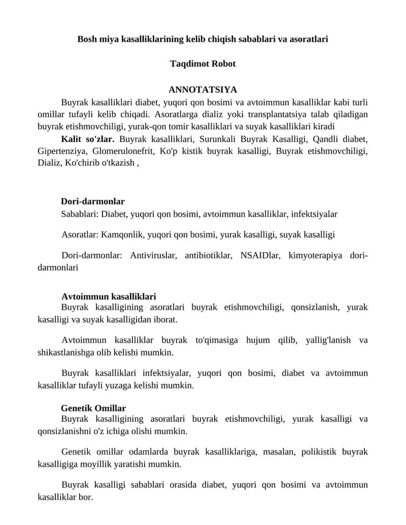 Buyrak kasalliklarining kelib chiqish sabablari va asoratlari