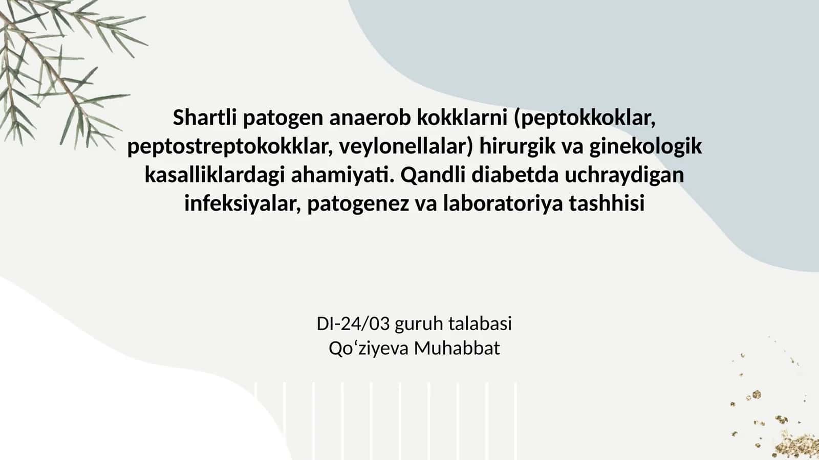 Shartli patogen anaerob kokklarni (peptokkoklar, peptostreptokokklar, veylonellalar) hirurgik va ginekologik kasalliklardagi ahamiyati. Qandli diabetda uchraydigan infeksiyalar, patogenez va laboratoriya tashhisi