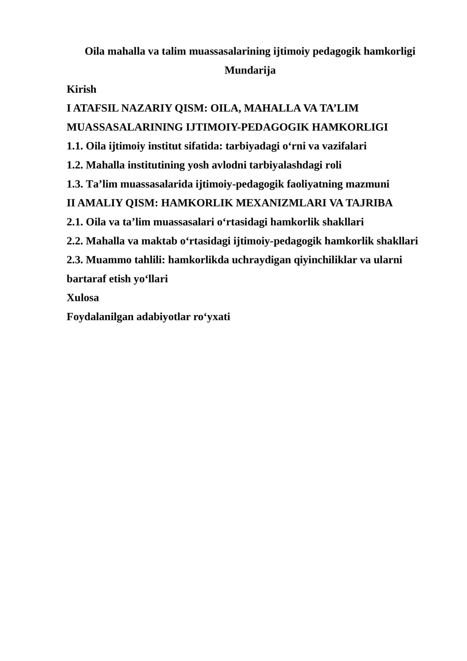 Oila mahalla va talim muassasalarining ijtimoiy pedagogik hamkorligi