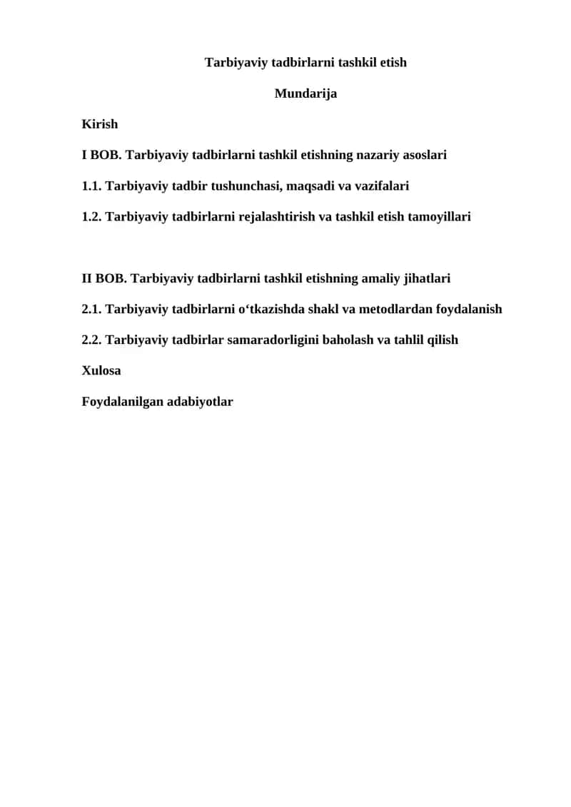 Tarbiyaviy tadbirlarni tashkil etish