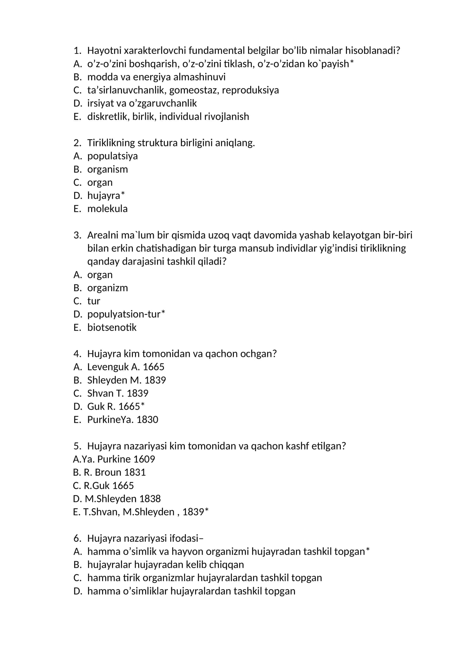 Biologiya savollari to'plami