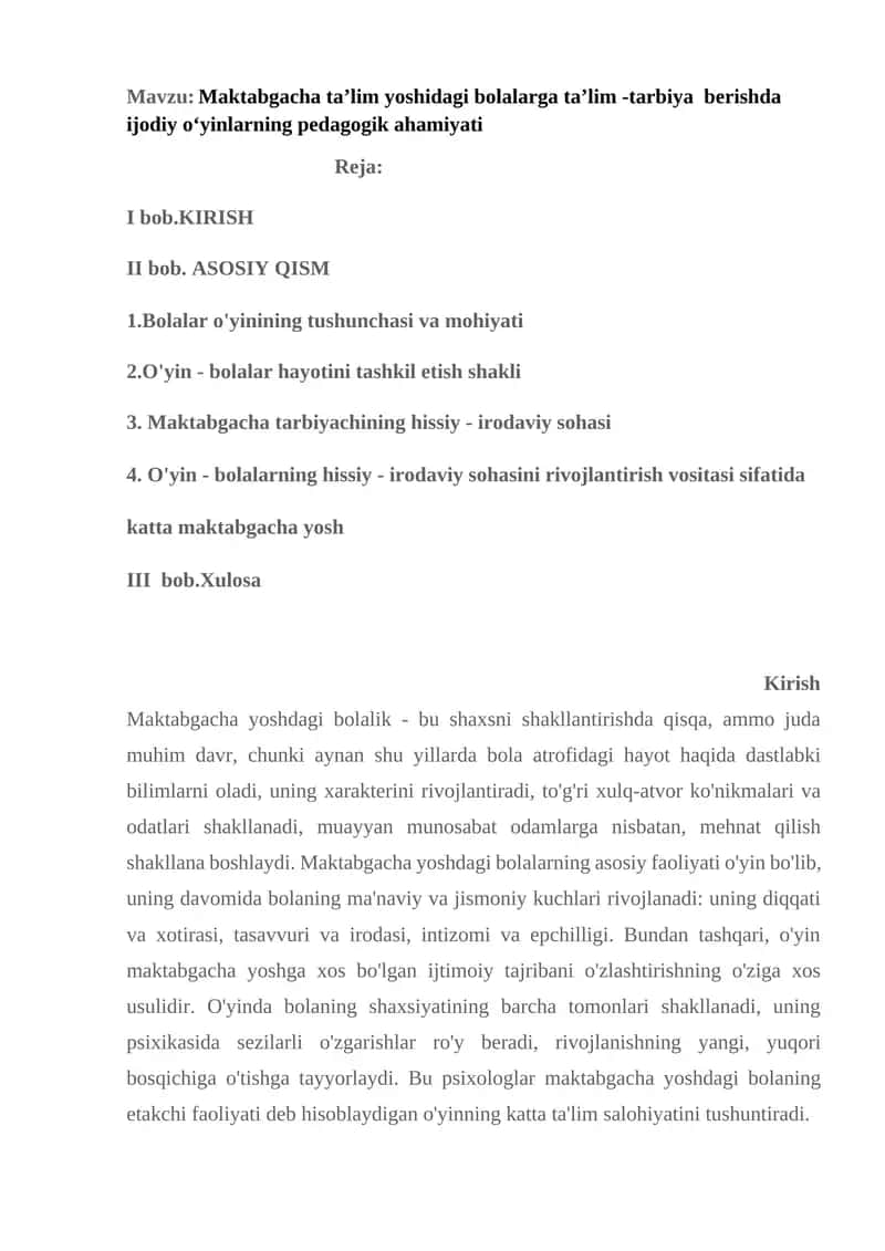 Maktabgacha ta'lim yoshidagi bolalarga ta'lim - tarbiya berishda ijodiy o‘yinlarning pedagogik ahamiyati
