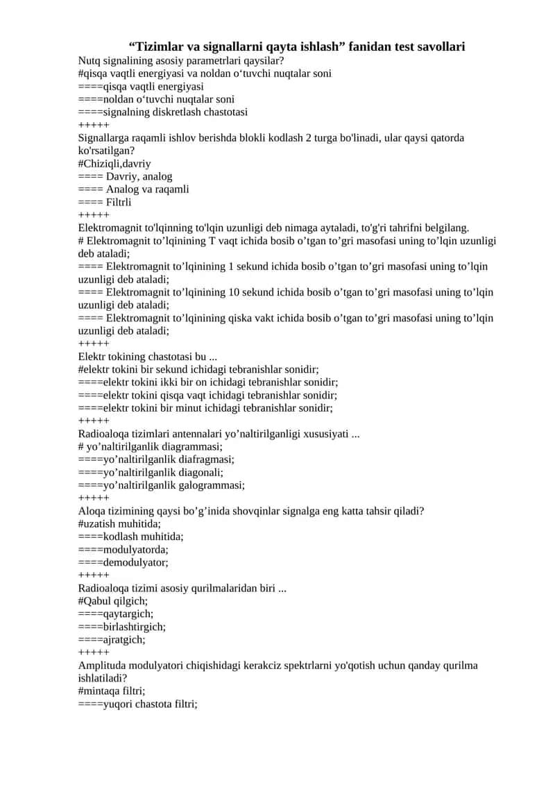 Tizimlar va signallarni qayta ishlash fanidan test savollari