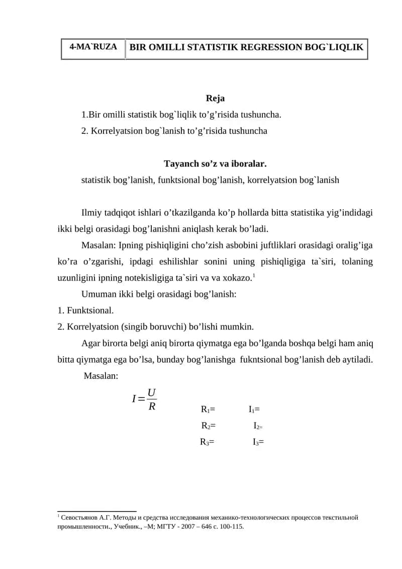 BIR OMILLI STATISTIK REGRESSION BOG`LIQLIK