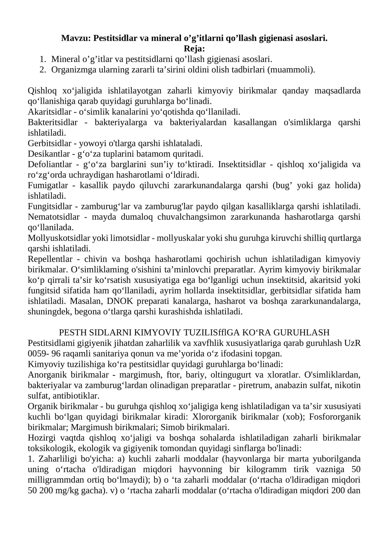 Pestitsidlar va mineral oʼgʼitlarni qoʼllash gigienasi asoslari