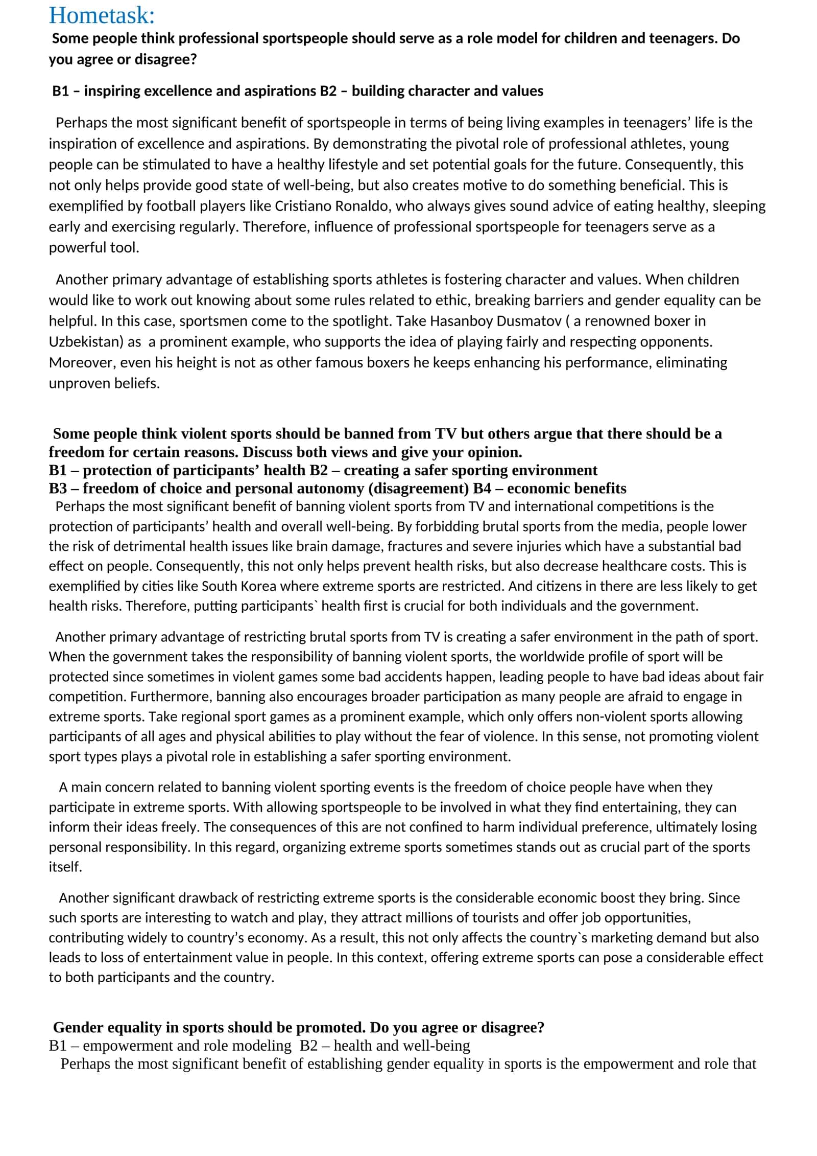 Role of Professional Sportspeople as Role Models for Children and Teenagers