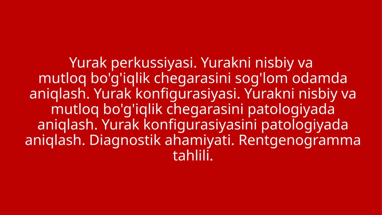 Yurak perkussiyasi. Yurakni nisbiy va mutloq bo'g'iqlik chegarasini sog'lom odamda aniqlash. Yurak konfigurasiyasi.
