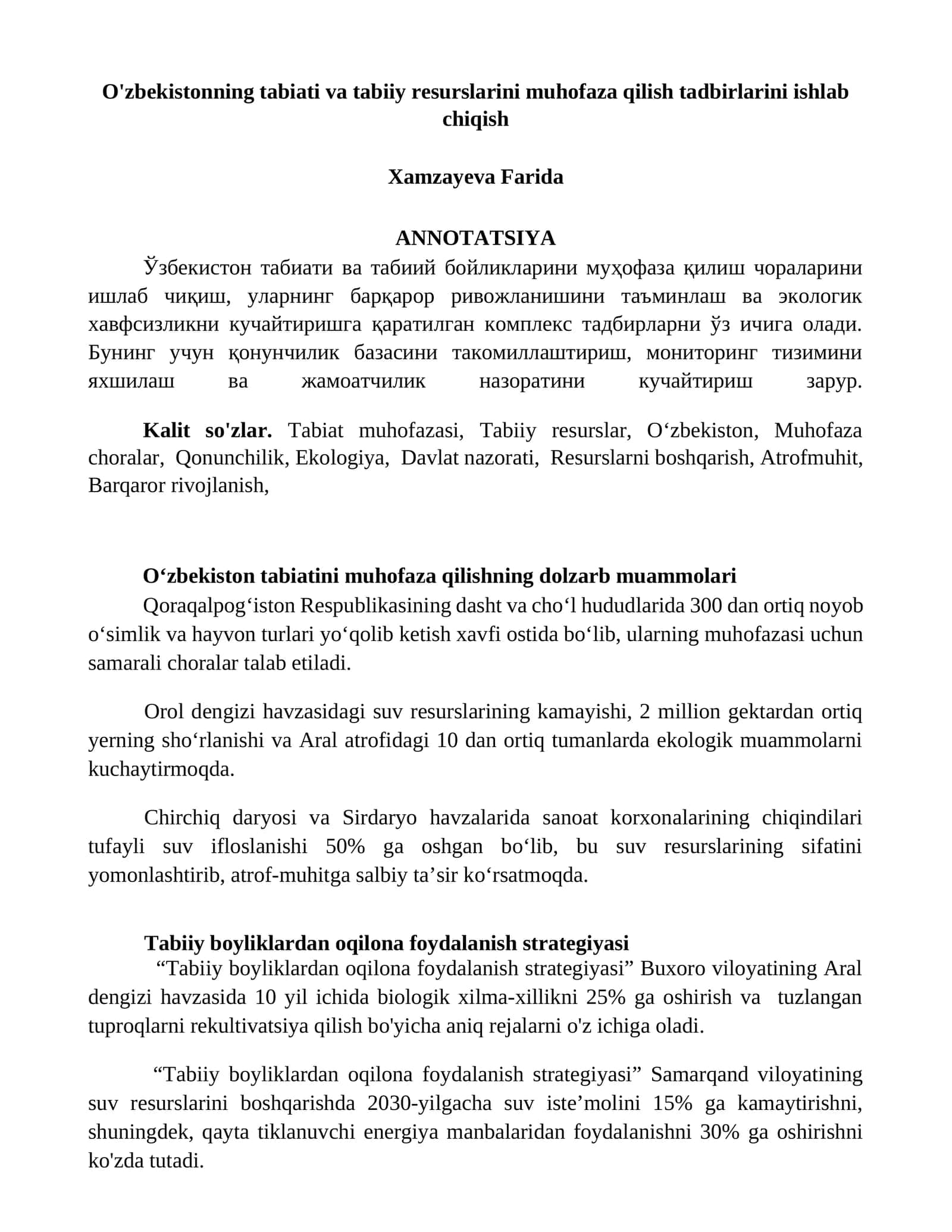 O'zbekistonning tabiati va tabiiy resurslarini muhofaza qilish tadbirlarini ishlab chiqish