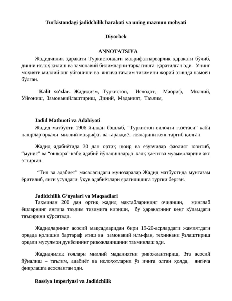 Turkistondagi jadidchilik harakati va uning mazmun mohyati