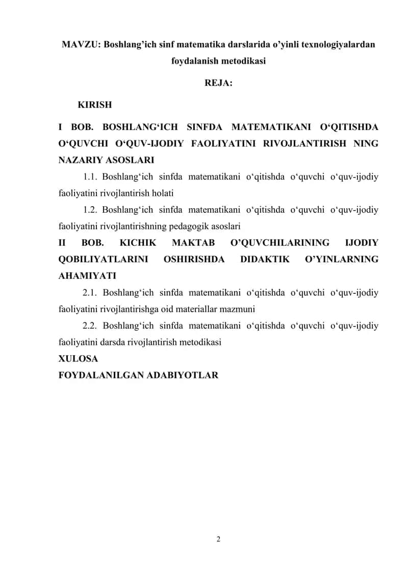 Boshlang’ich sinf matematika darslarida o’yinli texnologiyalardan foydalanish metodikasi