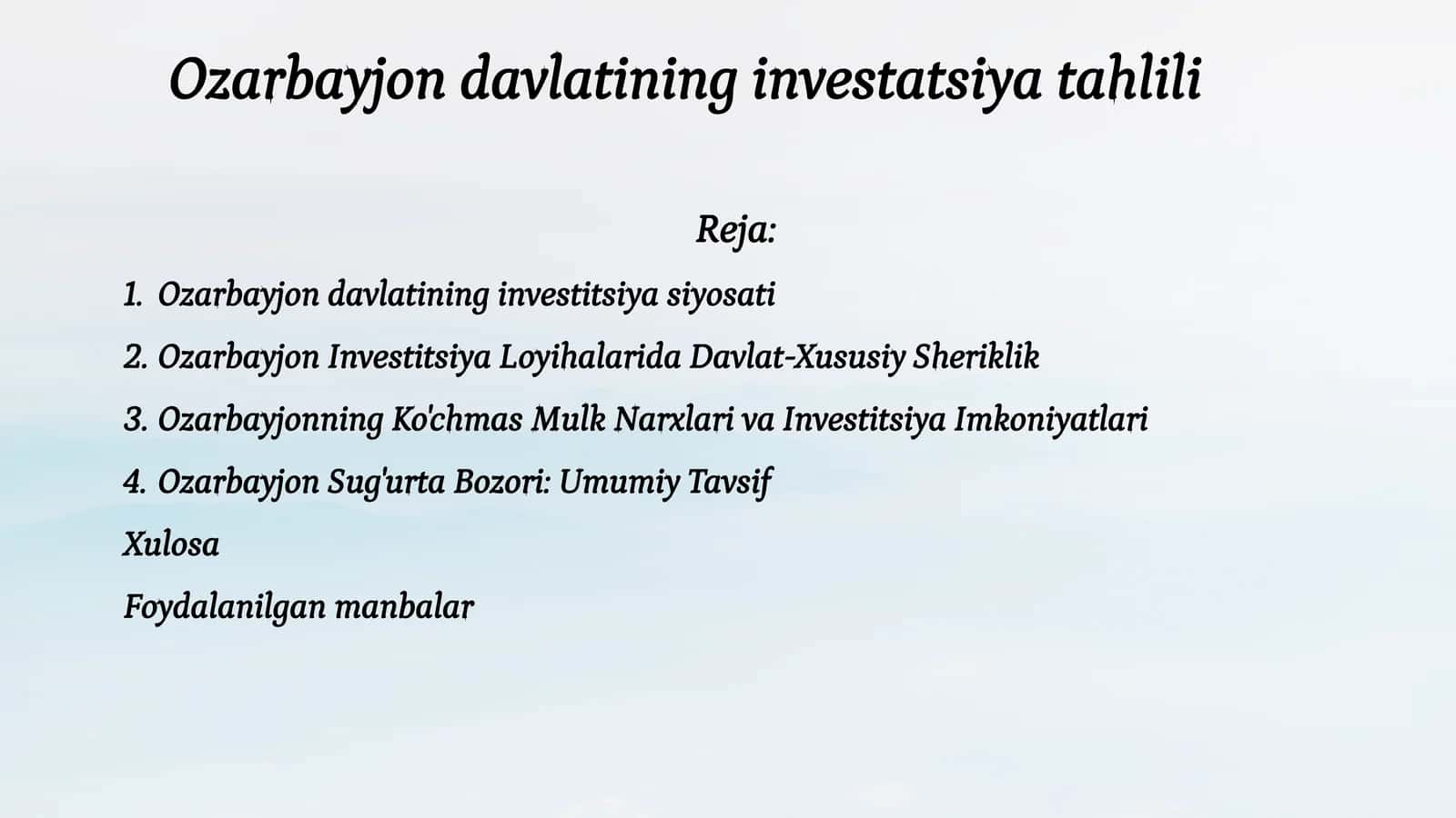 Ozarbayjon davlatining investatsiya tahlili