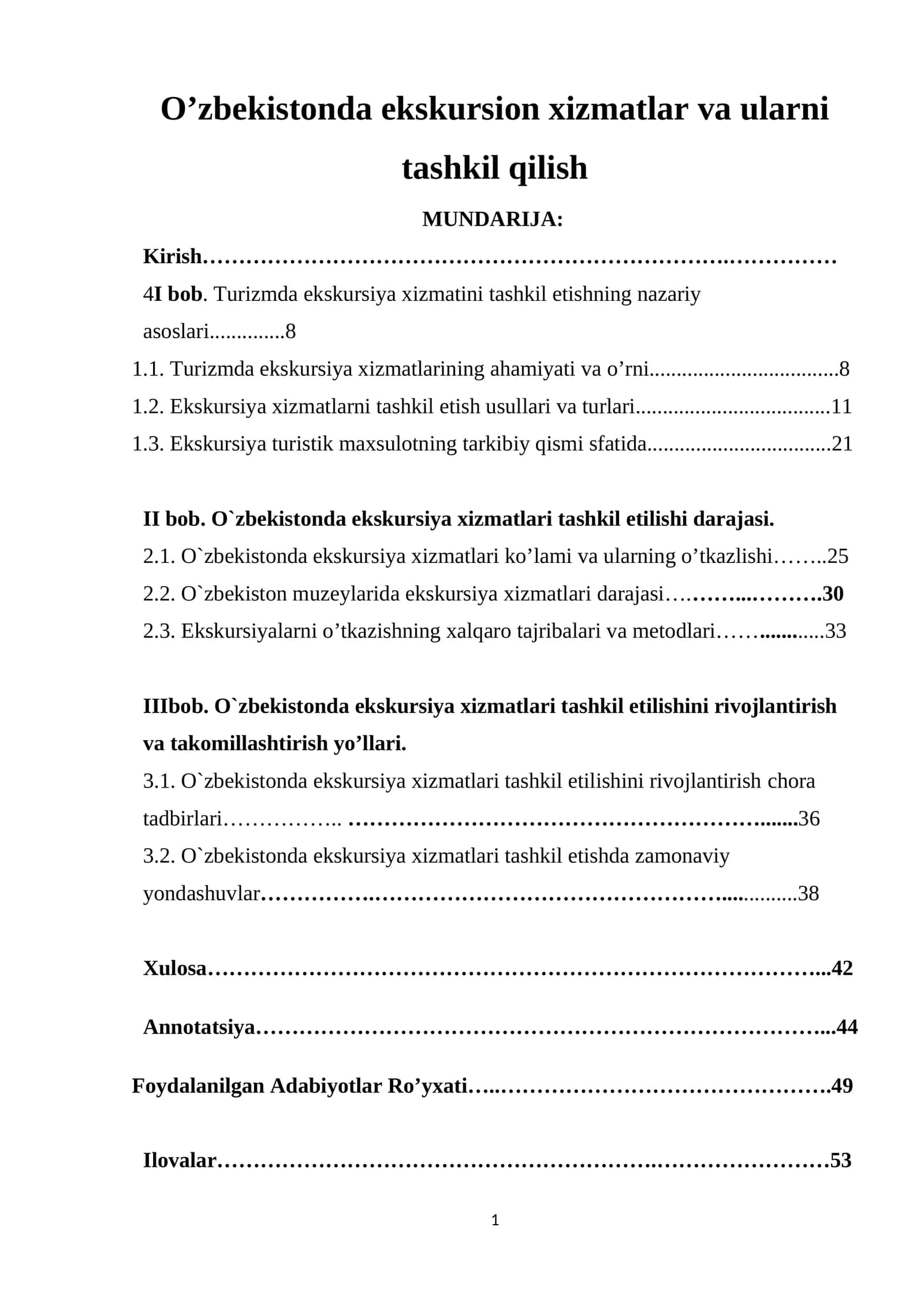 O’zbekistonda ekskursion xizmatlar va ularni tashkil qilish