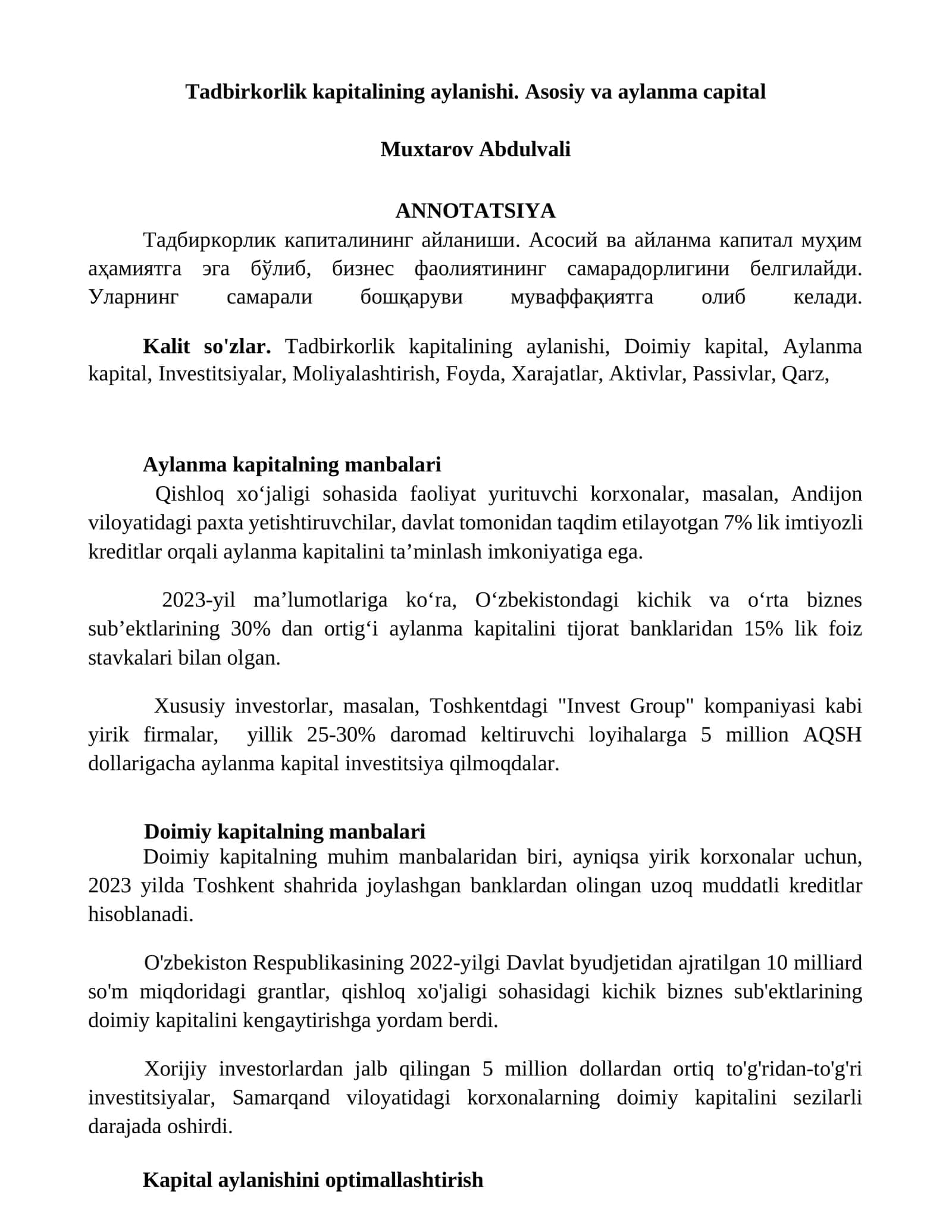 Tadbirkorlik kapitalining aylanishi. Asosiy va aylanma capital