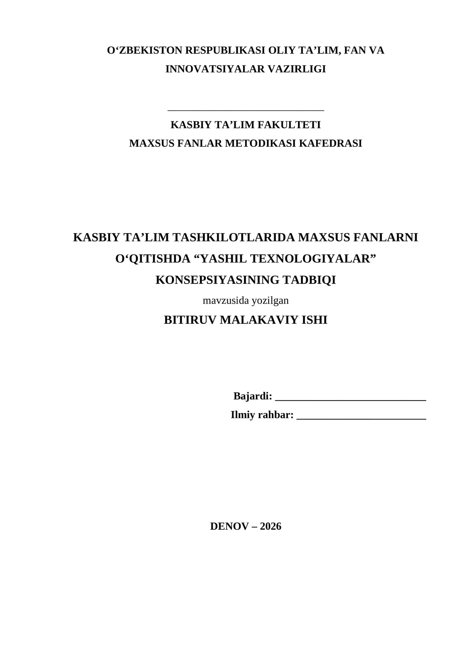 KASBIY TA’LIM TASHKILOTLARIDA MAXSUS FANLARNI O‘QITISHDA “YASHIL TEXNOLOGIYALAR” KONSEPSIYASINING TADBIQI