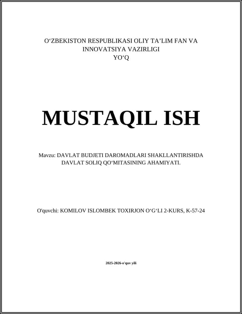 DAVLAT BUDJETI DAROMADLARI SHAKLLANTIRISHDA DAVLAT SOLIQ QO’MITASINING AHAMIYATI