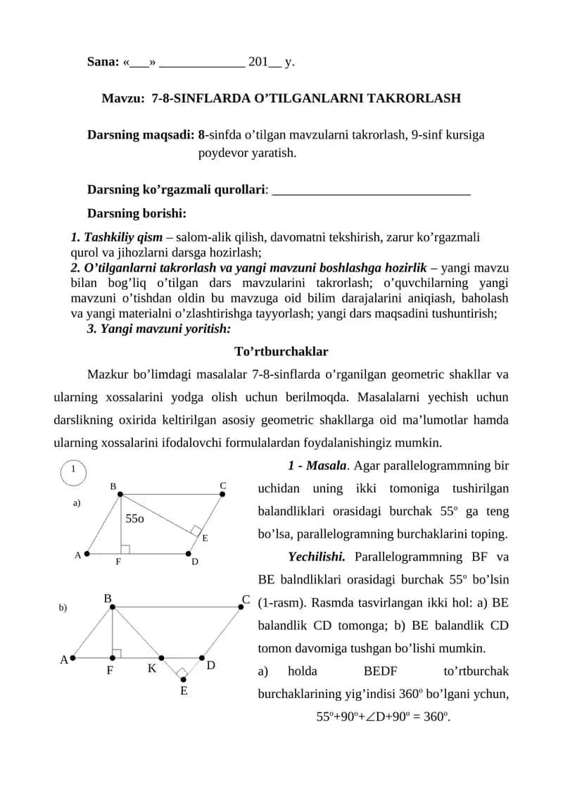 9-sinf geometriya 1-chorak dars ishlanmalari