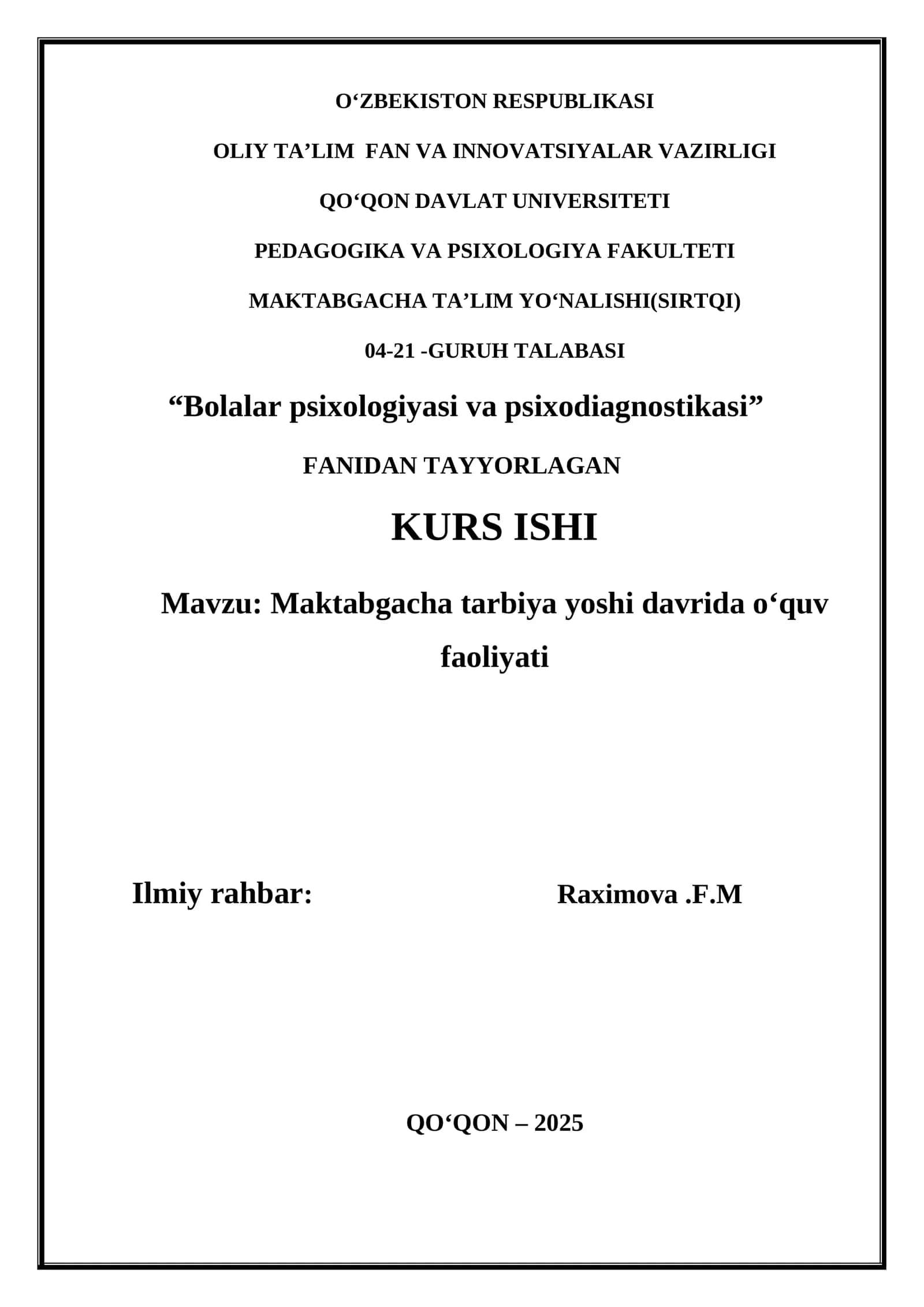 Bolalar psixologiyasi va psixodiagnostikasi KURS ISHI
