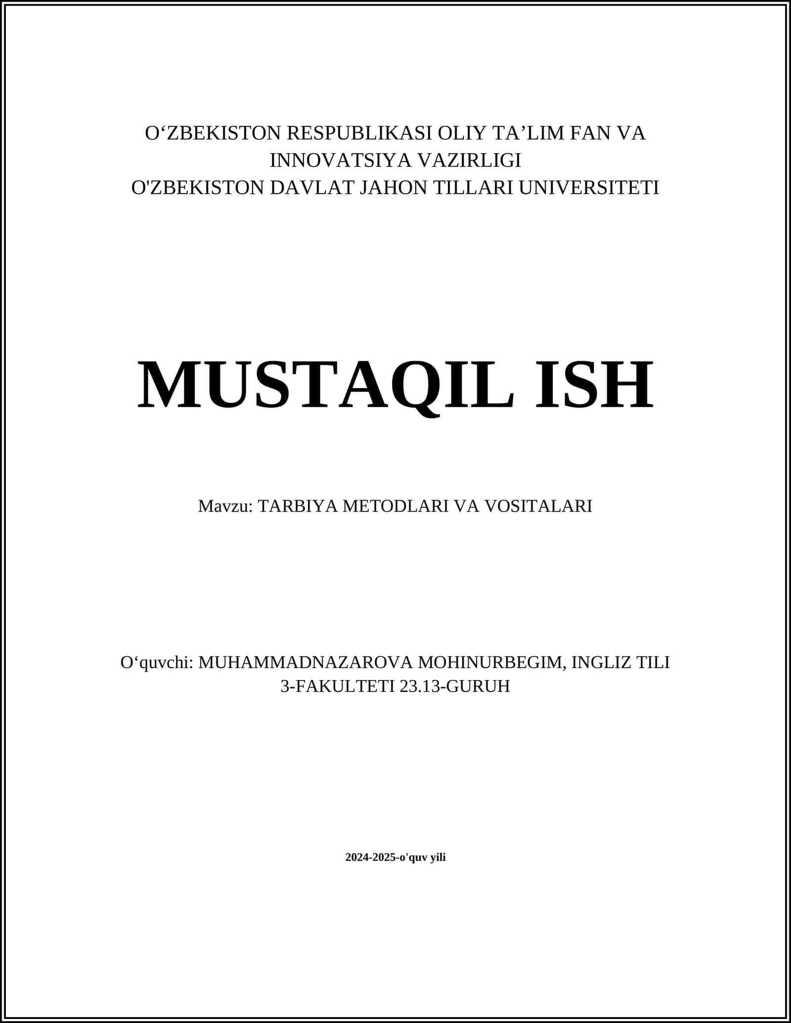 TARBIYA METODLARI VA VOSITALARI
