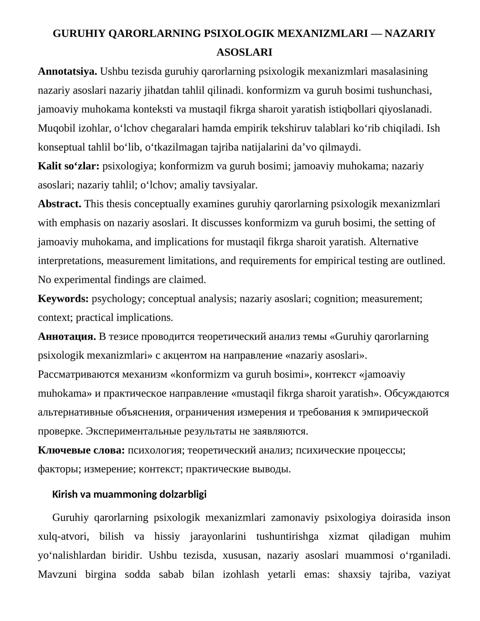 GURUHIY QARORLARNING PSIXOLOGIK MEXANIZMLARI — NAZARIY ASOSLARI