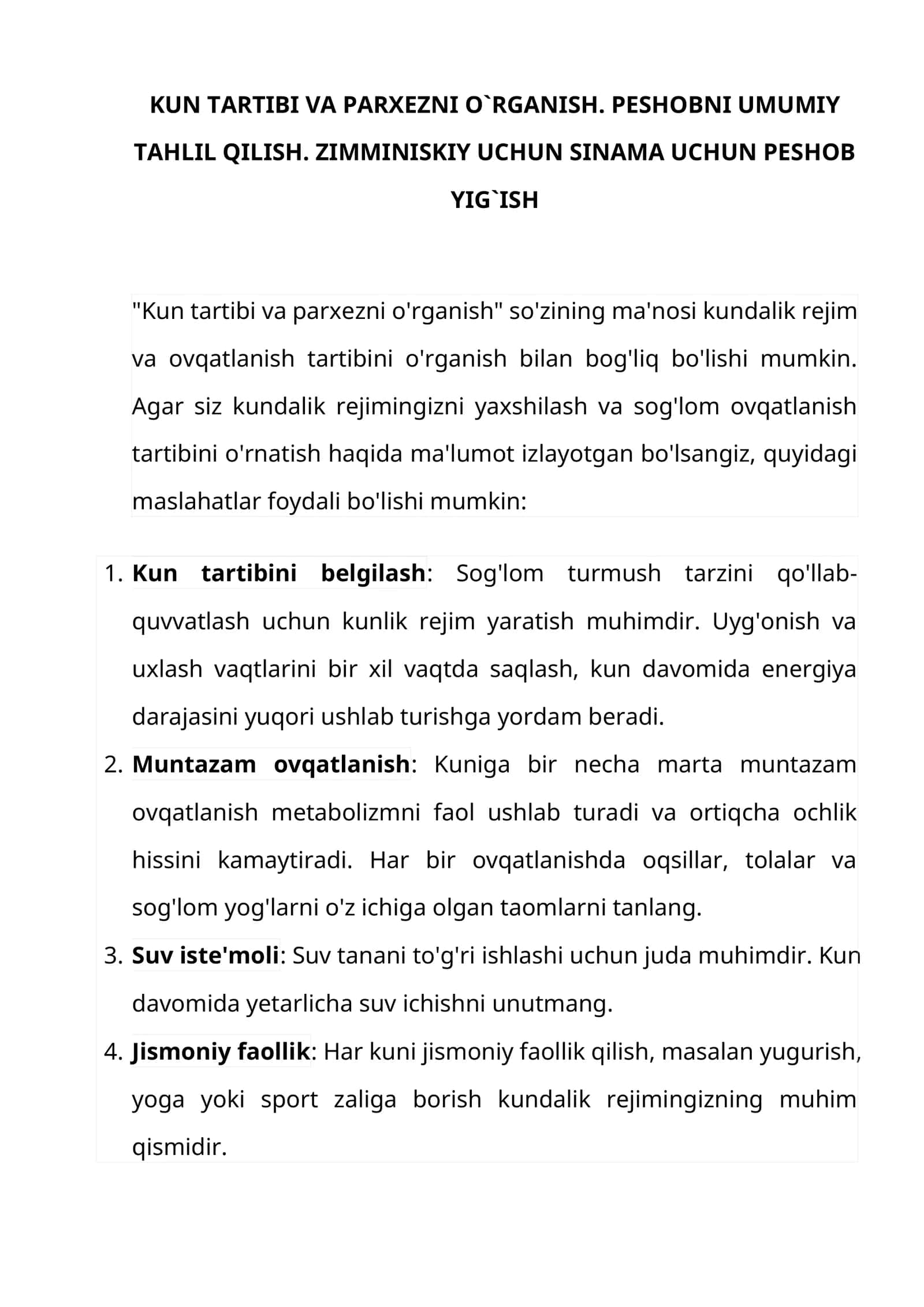 Kun tartibi va parxezni o`rganish