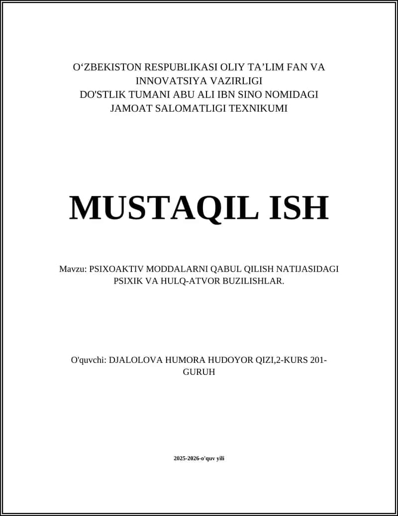 Psixoaktiv Modda Intoksikatsiyasida Yuzaga Keladigan Psixik Buzilishlar