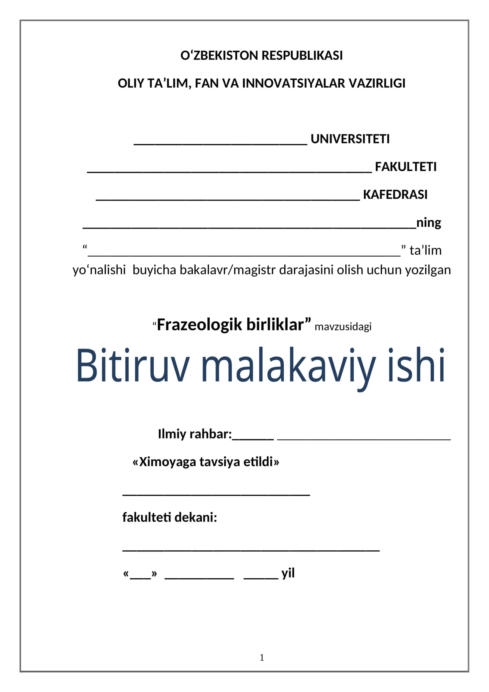 Frazeologik birliklar mavzusidagi Bitiruv malakaviy ishi
