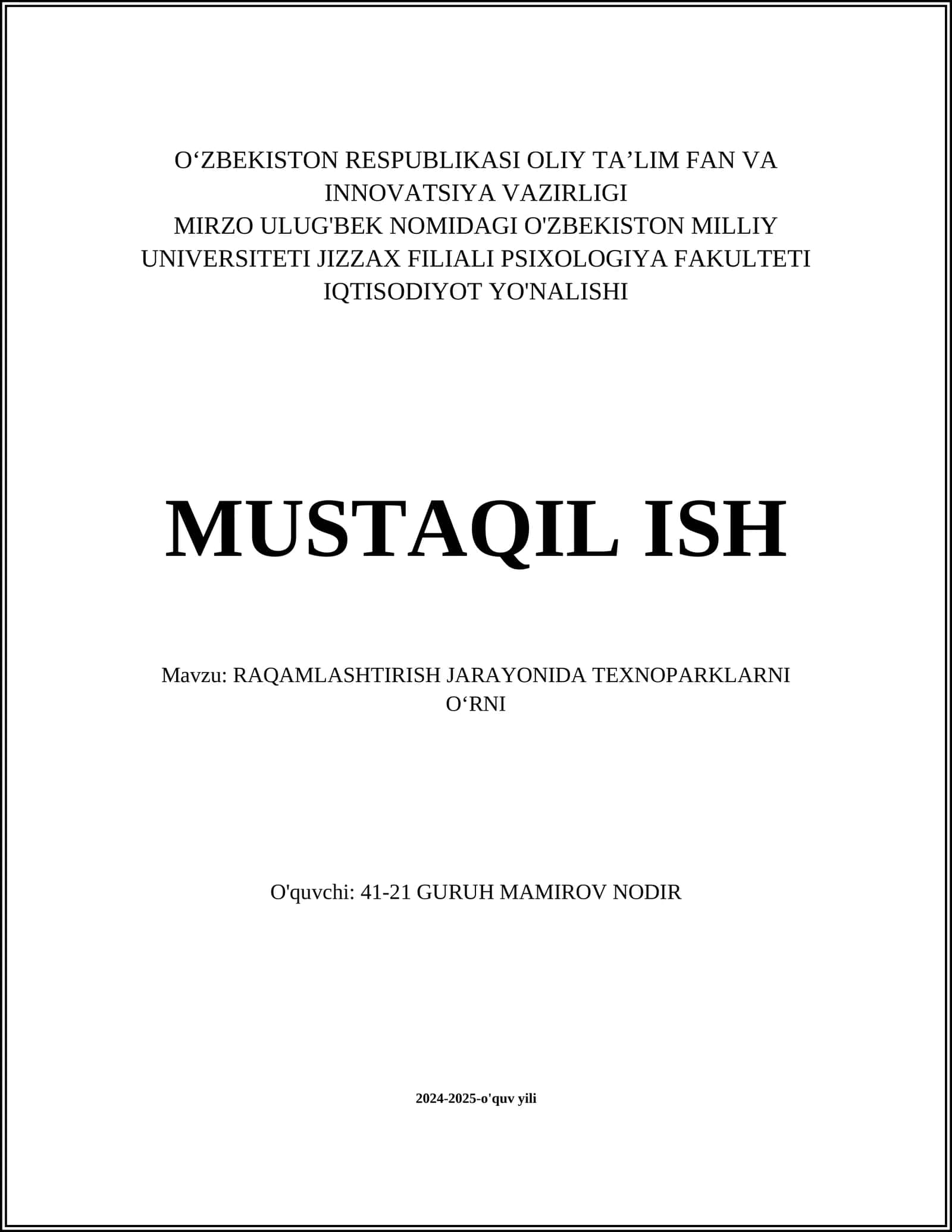 RAQAMLASHTIRISH JARAYONIDA TEXNOPARKLARNI O‘RNI