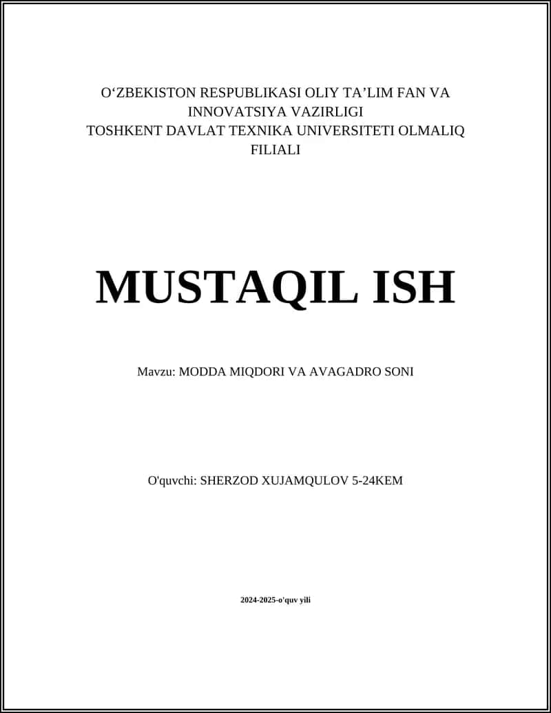 MODDA MIQDORI VA AVAGADRO SONI