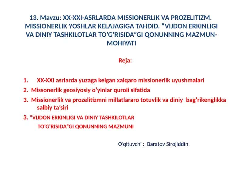 XX-XXI-ASRLARDA MISSIONERLIK VA PROZELITIZM