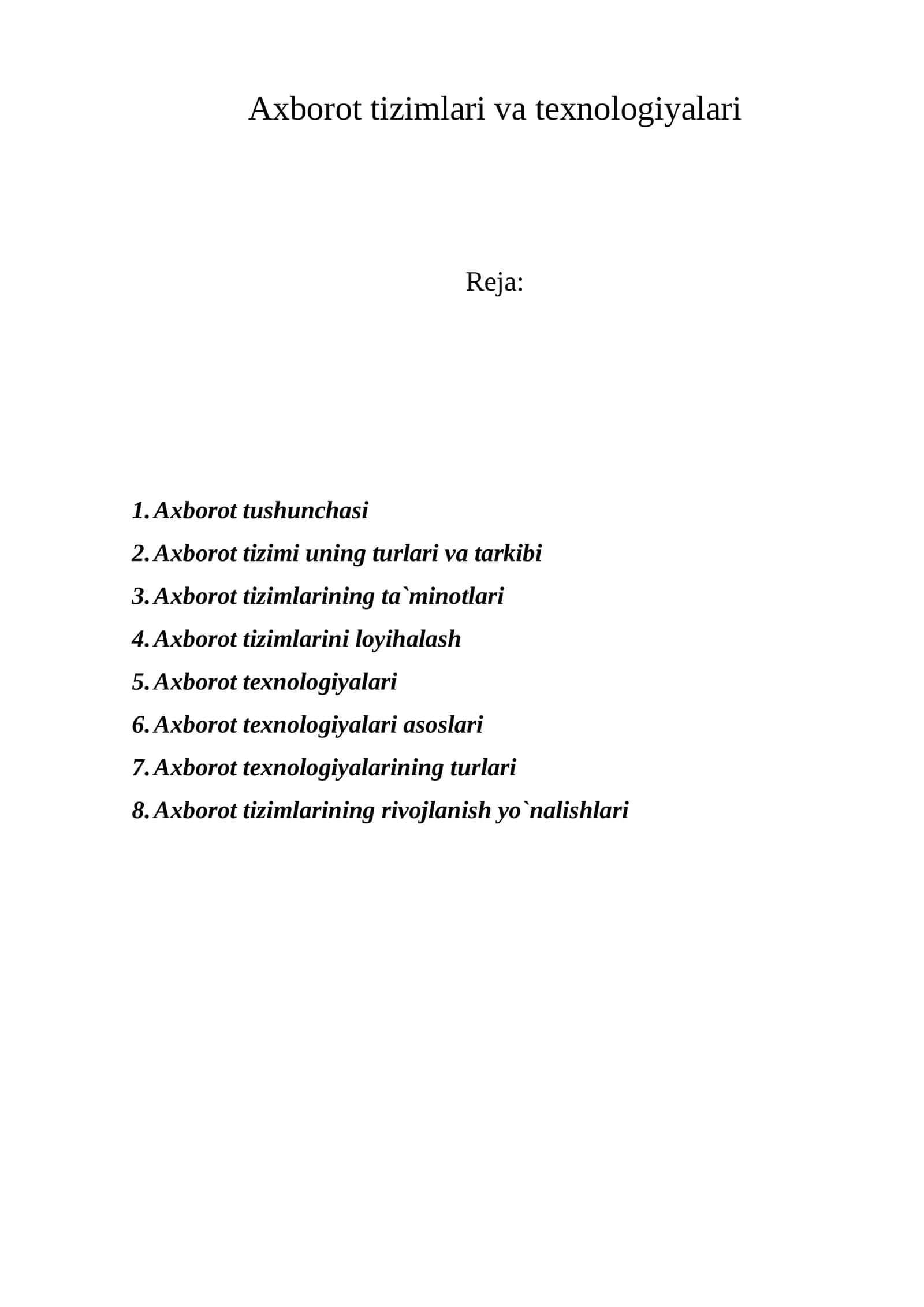 Axborot tizimlari va texnologiyalari